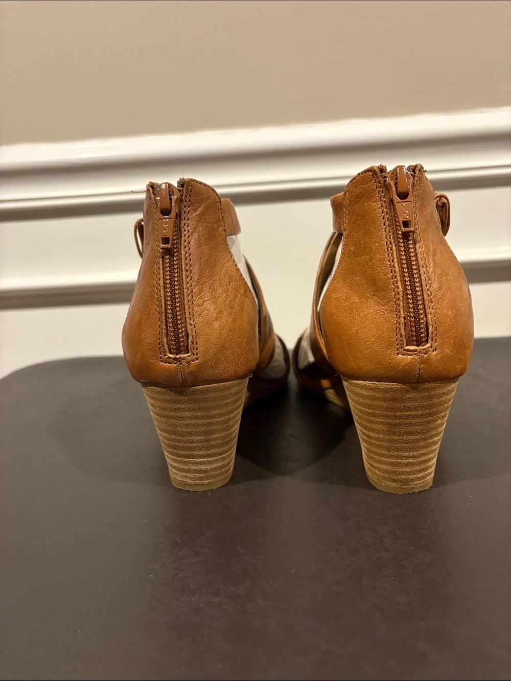Sofft Tan Leather Crisscross Wedge Sandals